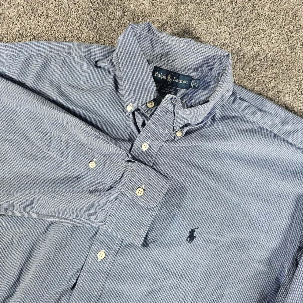 Ralph Lauren Button Down Shirt Mens 17 34/35 Blue Yarmouth Micro Check Cotton - Picture 1 of 10